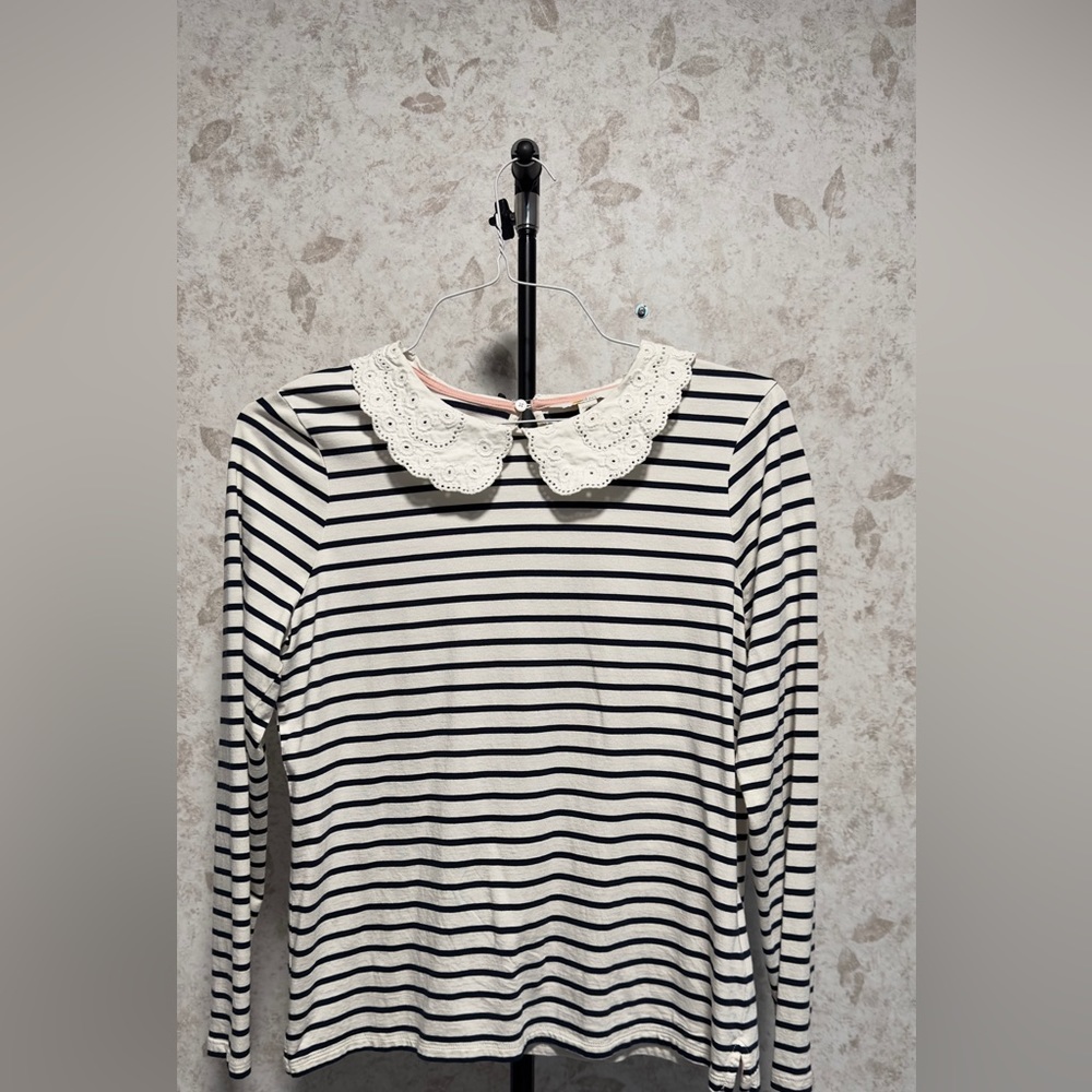Boden Lace Collar Navy Blue & White Striped Kathleen Jersey Long Sleeve Shirt